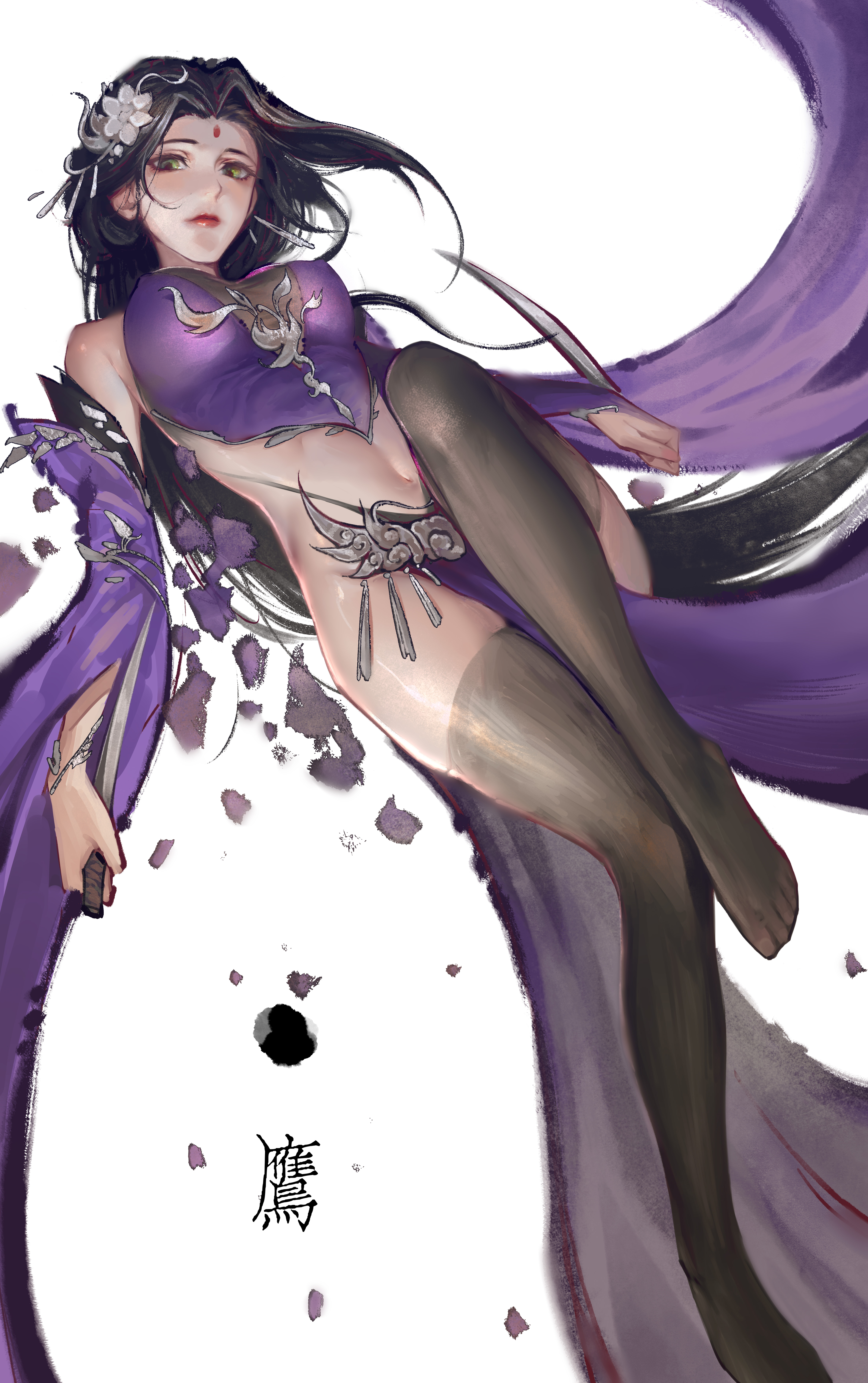 mumuy, highres, 1girl, black hair, breasts, dagger, detached sleeves, dress, facial mark, flower, hair ornament, holding, knife, long hair, lying, navel, purple dress, reverse grip, solo, thighhighs, weapon, white background