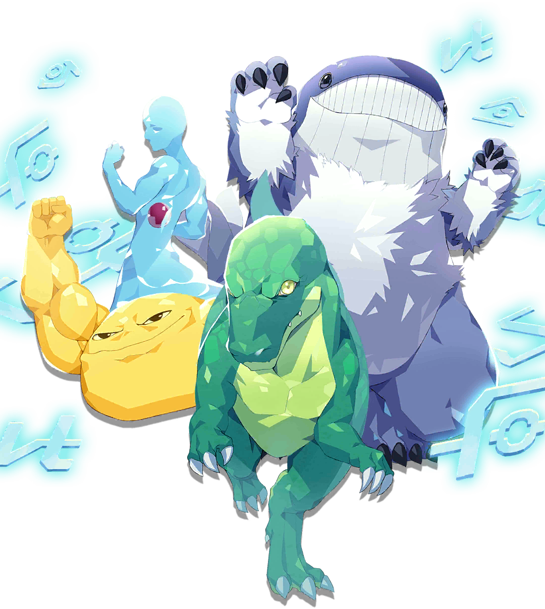 dino (monster farm), gaboo, jell (monster farm), zilla (monster farm), line: monster farm, monster farm, official art, dinosaur, land whale, liquid body, monster