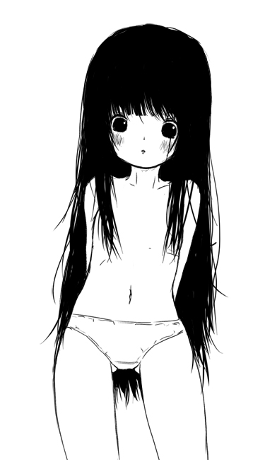haruyuki, haruyukiko, original, 1girl, female focus, greyscale, loli, monochrome, panties, sketch, solo, topless female, underwear