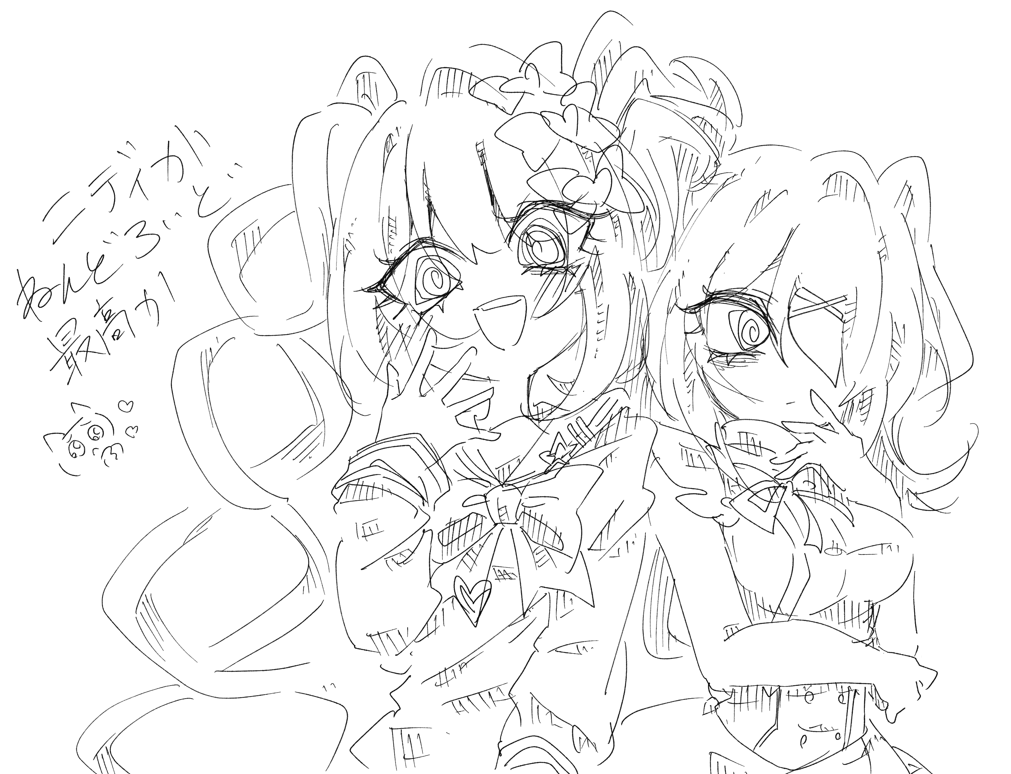sekai yusuke, ame-chan (needy girl overdose), chouzetsusaikawa tenshi-chan, pien cat (needy girl overdose), needy girl overdose, 2girls, @ @, bags under eyes, bow, bowtie, breasts, buttons, capelet, closed mouth, dual persona, greyscale, hair bow, hair ornament, hair over one eye, hand up, heart, japanese text, large breasts, long hair, monochrome, multiple girls, open mouth, quad tails, school uniform, serafuku, shirt, sketch, skirt, smile, suspenders, teeth, twintails, upper teeth only, very long hair, x hair ornament