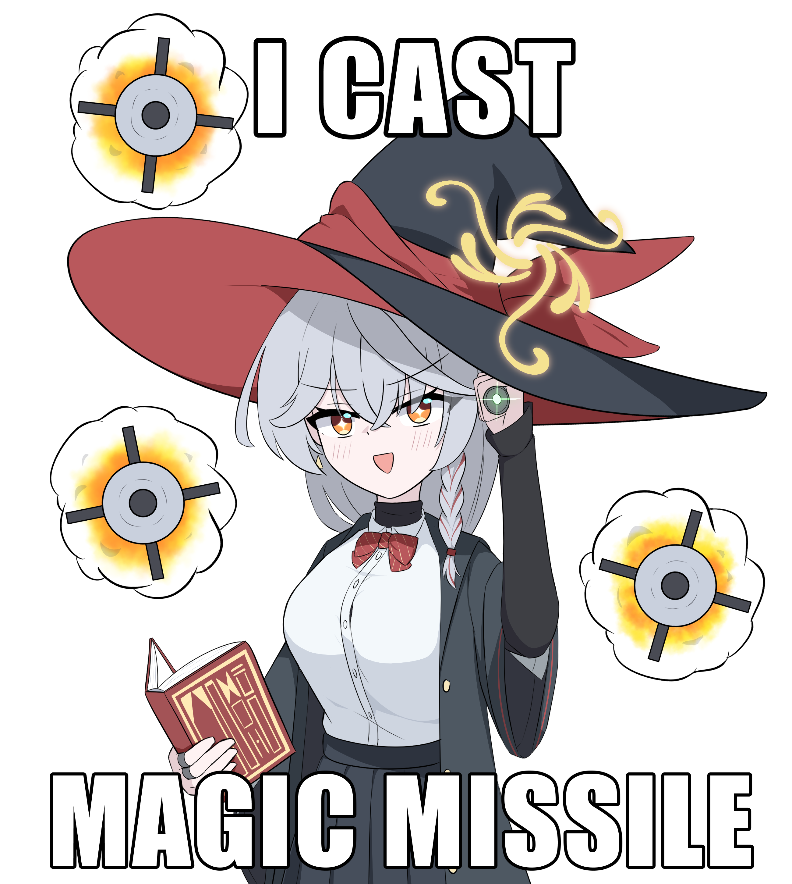 xenorange, eri (blue archive), blue archive, blush stickers, book, bow, bowtie, braid, earrings, english text, halo, hat, holding, holding book, jacket, jewelry, laser sight, long coat, long hair, missile, orange eyes, ring, shirt, skirt, sleeves past wrists, sweater, white hair, witch hat