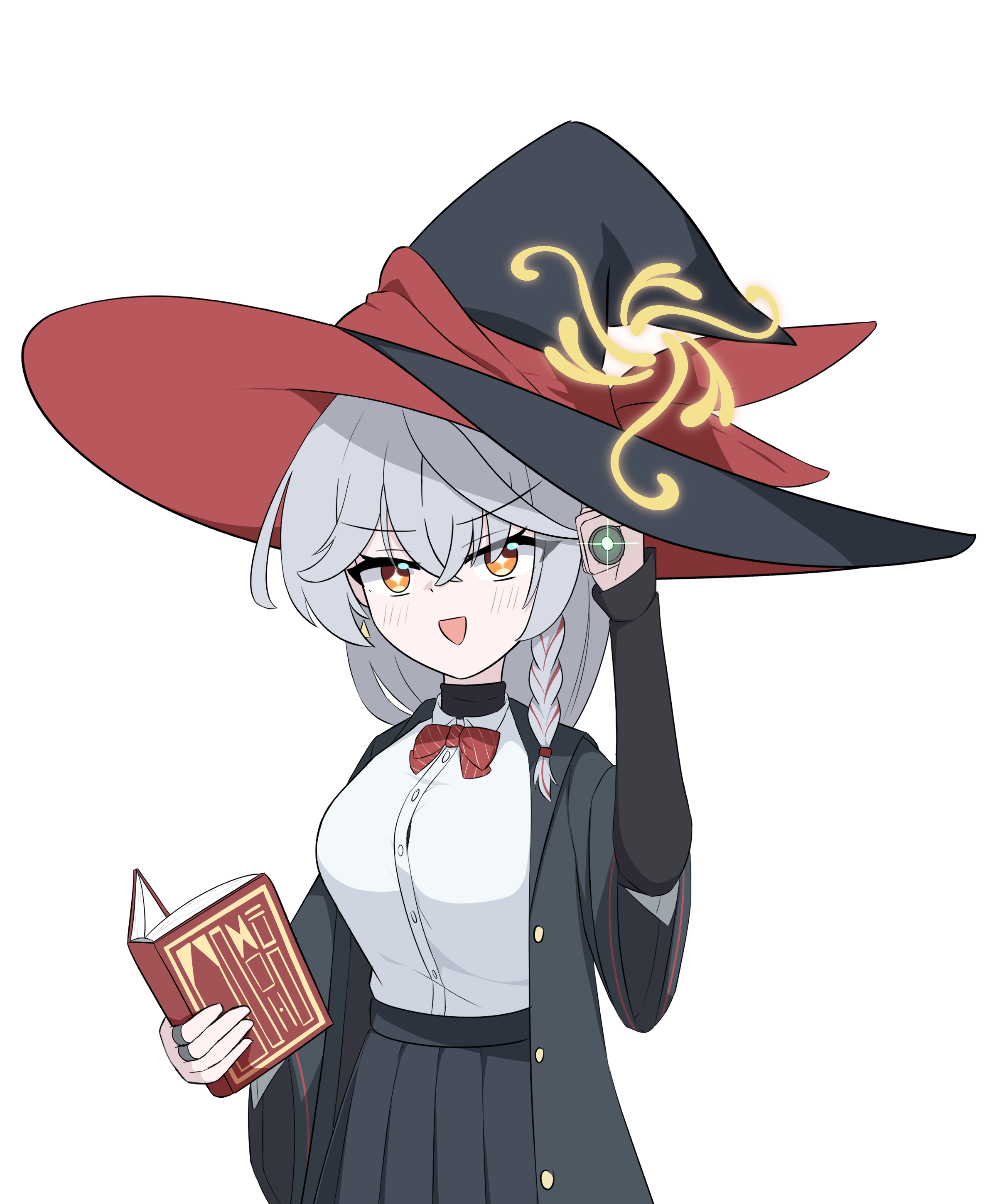 xenorange, eri (blue archive), blue archive, blush stickers, book, bow, bowtie, braid, earrings, halo, hat, holding, holding book, jacket, jewelry, laser sight, long coat, long hair, missile, orange eyes, ring, shirt, skirt, sleeves past wrists, sweater, white hair, witch hat