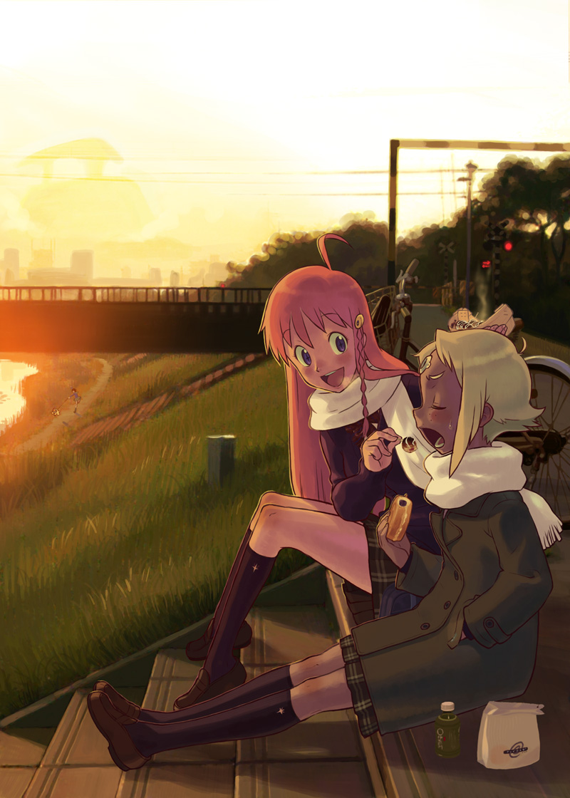 ishikawa hideki, lal'c mellk mal, nono (top wo nerae 2!), samejima mamimi, flcl, gainax, top wo nerae! (series), top wo nerae 2!, + +, 00s, 2girls, ahoge, bag, bridge, closed eyes, cross-shaped pupils, dusk, eating, feeding, food, hand in pocket, kneehighs, long hair, multiple girls, open mouth, paper bag, pink hair, purple eyes, scarf, shared clothes, shared scarf, short hair, sitting, socks, sunset, symbol-shaped pupils, takoyaki, white hair, yuri