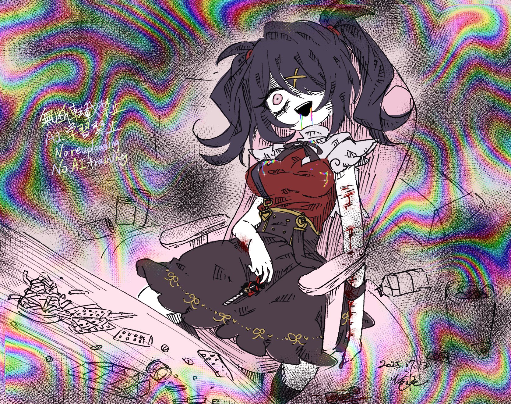 sekai yusuke, ame-chan (needy girl overdose), needy girl overdose, 1girl, bags under eyes, black hair, black ribbon, black skirt, black suspenders, blood, bottle, buttons, capelet, chair, cuts, drooling, drugs, empty eyes, english text, hair ornament, hair over one eye, hatching (texture), injury, japanese text, open mouth, overdose, pill, pink eyes, rainbow, red shirt, ribbon, self-harm, shirt, skirt, suspender skirt, suspenders, trash can, twintails, white capelet, x hair ornament