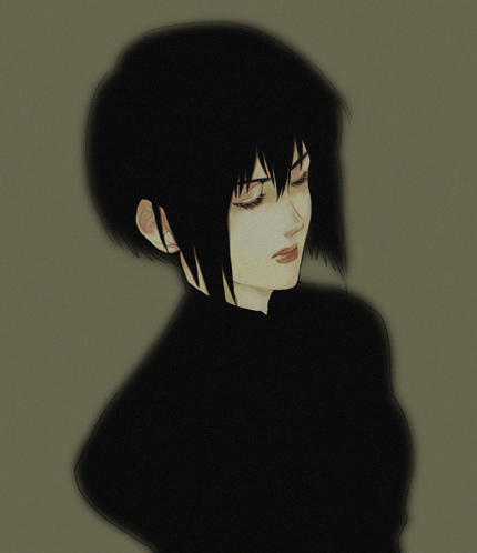kusanagi motoko, ghost in the shell, lowres, 1girl, black hair, blurry, closed eyes, female focus, lips, short hair, simple background, solo, upper body