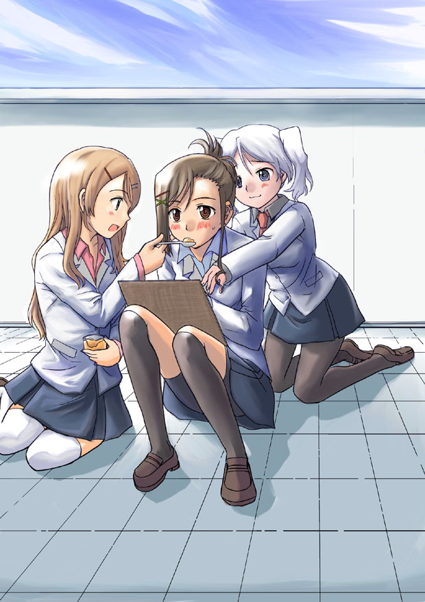kamiyama sakuya, sakurai kanade, sakurai yukino, candy boy, 00s, blonde hair, brown eyes, grey eyes, hair ornament, hairclip, incest, kneehighs, necktie, pantyhose, siblings, sisters, socks, thighhighs, white hair, yuri