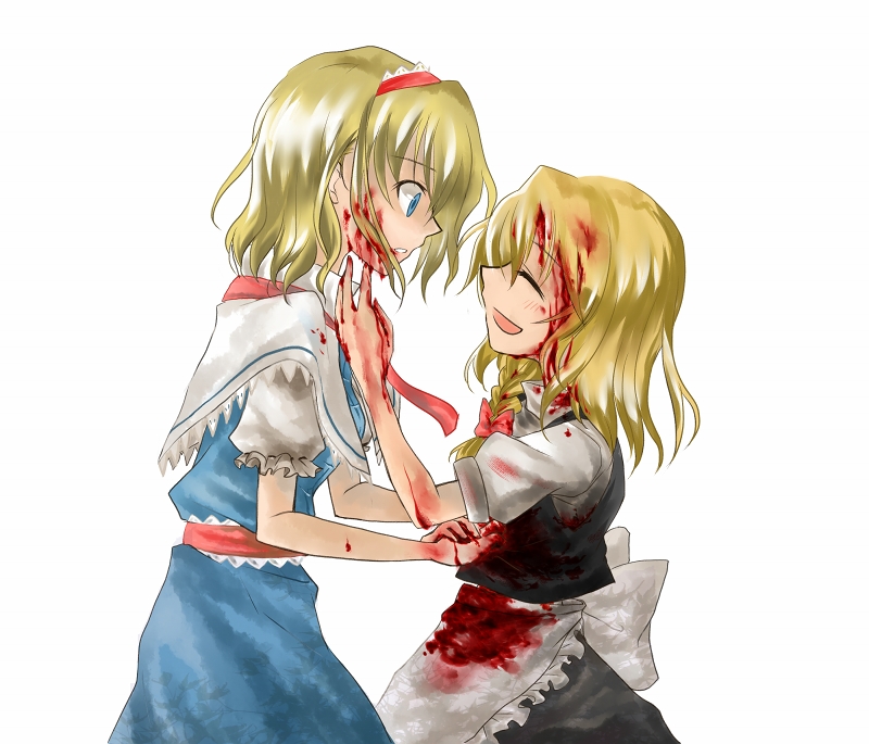 myama, alice margatroid, kirisame marisa, touhou, 2girls, blonde hair, blood, blue eyes, braid, female focus, hairband, multiple girls, ribbon, single braid, smile, yandere