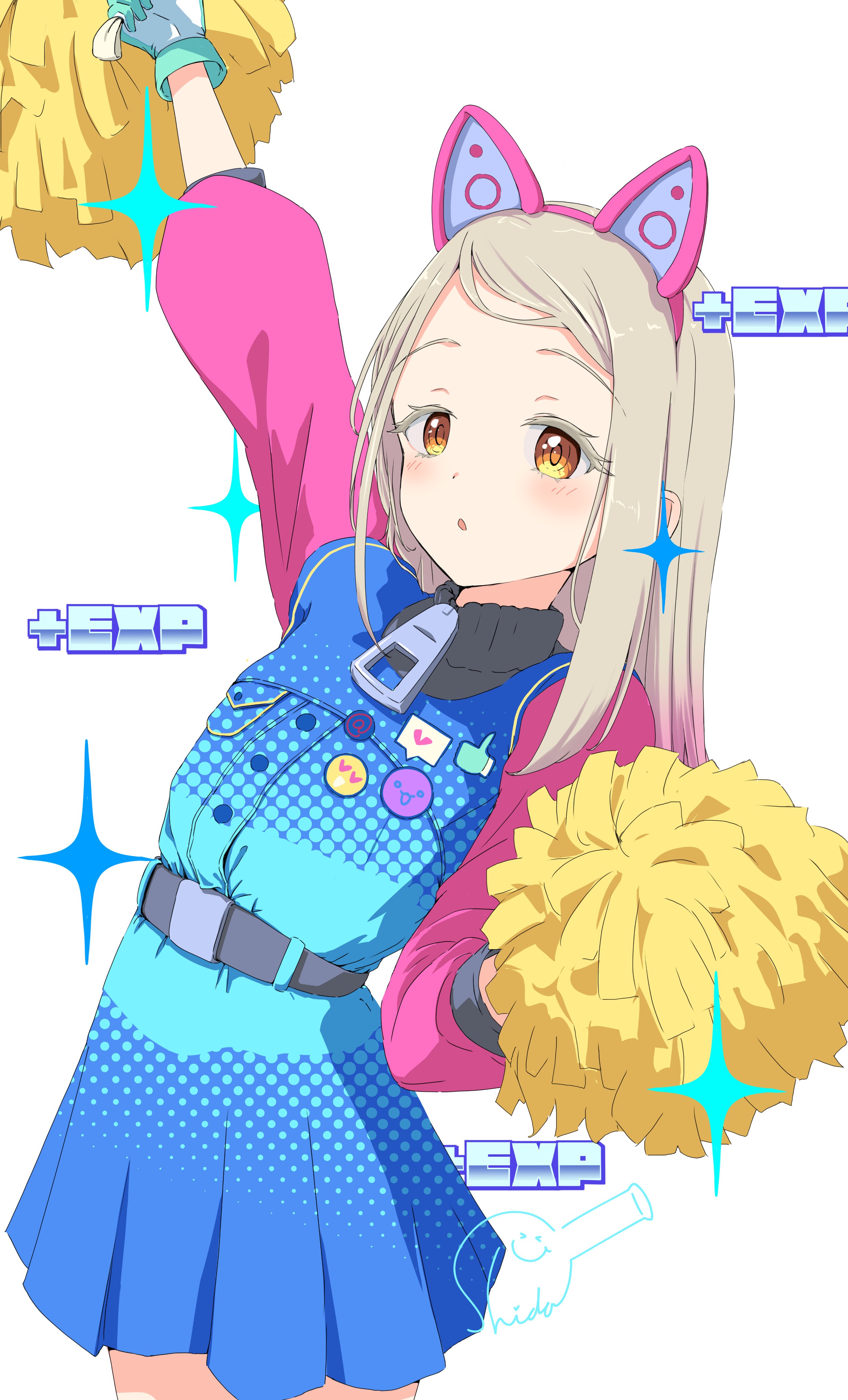nokino shida, shinosawa hiro, gakuen idolmaster, idolmaster, absurdres, highres, 1girl, arm up, belt, blonde hair, blue dress, blush, dress, gradient hair, hairband, holding, holding pom poms, long hair, long sleeves, looking at viewer, multicolored hair, pink hair, pink hairband, pom pom (cheerleading), pom poms, simple background, solo, sparkle, white background, yellow eyes