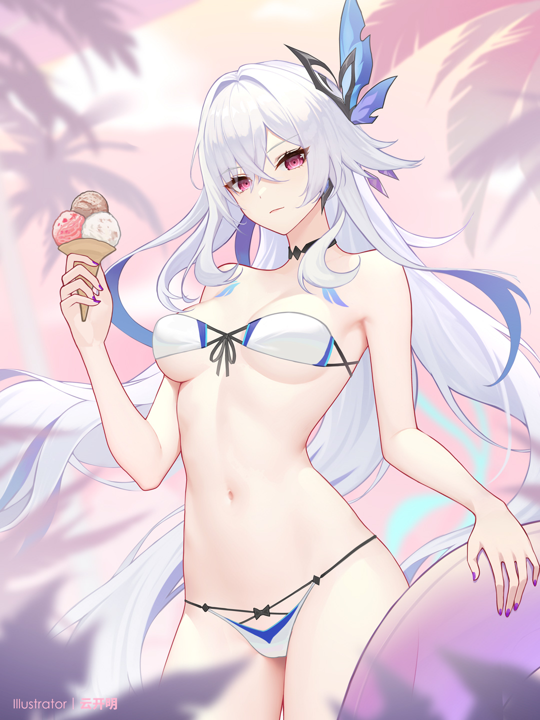 yunkaiming, skirk (genshin impact), genshin impact, commentary, hashtag-only commentary, highres, paid reward available, 1girl, alternate costume, artist name, bare shoulders, bikini, blurry, blurry background, blurry foreground, body markings, breasts, closed mouth, cowboy shot, earrings, fingernails, grey hair, hair between eyes, hair ornament, holding, holding ice cream cone, ice cream cone, innertube, jewelry, long hair, looking at viewer, medium breasts, nail polish, navel, outdoors, pink eyes, purple nails, solo, stomach, swim ring, swimsuit, thighs, very long hair, white bikini