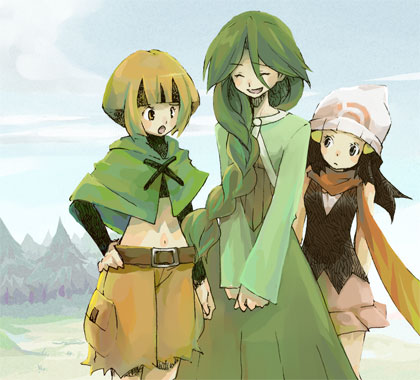 cheryl (pokemon), dawn (pokemon), gardenia (pokemon), nintendo, pokemon, pokemon dppt, lowres, 00s, 3girls, :o, beanie, belt, black hair, braid, brown eyes, brown hair, capelet, closed eyes, cloud, day, green capelet, green hair, gym leader, hair over shoulder, hat, long hair, midriff, multiple girls, navel, scarf, single braid, skirt, sky, tree