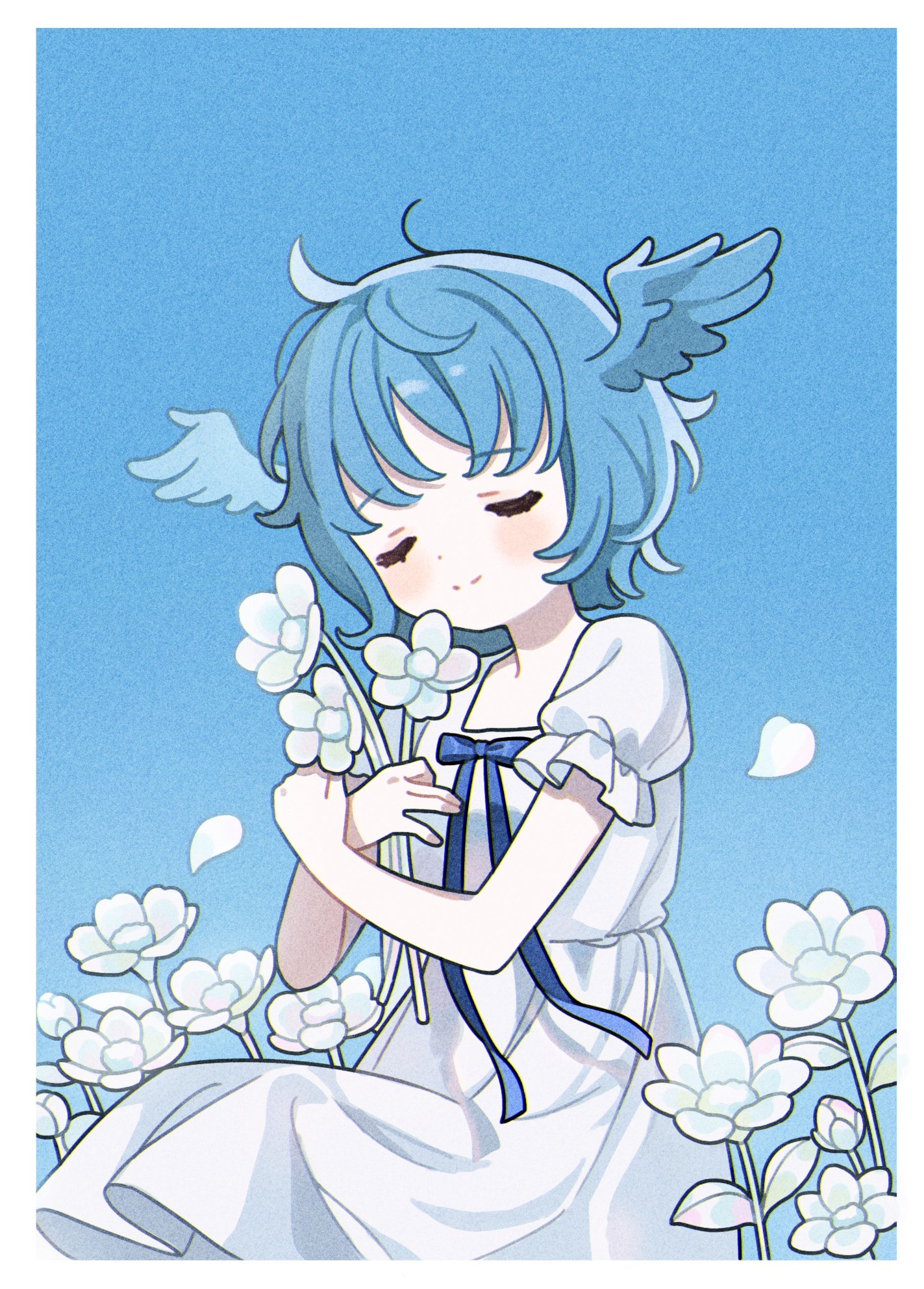 hinnya, final fantasy, final fantasy xiv, highres, 1girl, bird girl, blue background, blue hair, blue ribbon, closed eyes, closed mouth, dress, flower, head wings, holding, holding flower, petals, puffy sleeves, ribbon, short hair, short sleeves, sitting, smile, solo, white dress, white flower, wings
