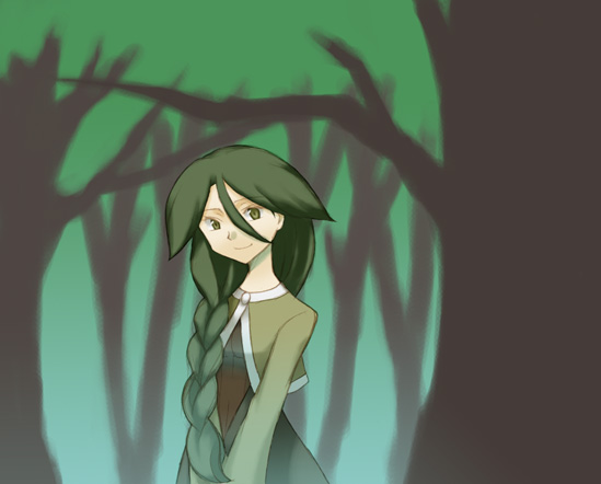 cheryl (pokemon), nintendo, pokemon, bad id, bad pixiv id, 1girl, braid, female focus, forest, green eyes, green hair, hair between eyes, hair over shoulder, long hair, matching hair/eyes, nature, single braid, smile, solo, tree