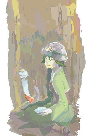 cheryl (pokemon), chimecho, nintendo, pokemon, lowres, 1girl, ^ ^, braid, cave, chirean, closed eyes, diamond (gemstone), gen 3 pokemon, green hair, helmet, long hair, oekaki, pickaxe, pokemon (creature), single braid, smile, very long hair