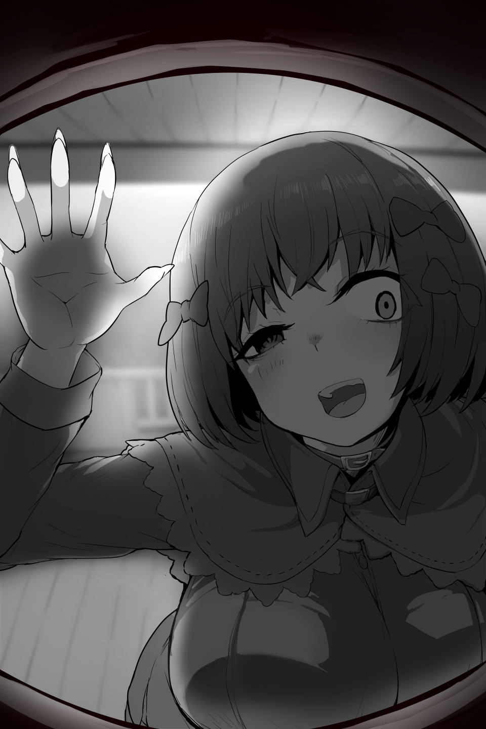 pt, original, 1girl, breasts, female focus, huge breasts, medium hair, monochrome, open mouth, solo, solo focus, yandere