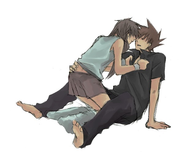 taoru (t kiji), blue oak, blue oak (pokemon frlg), green (pokemon), nintendo, pokemon, pokemon adventures, pokemon frlg, 00s, 1boy, 1girl, barefoot, brown hair, couple, feet, girl on top, hetero, imminent kiss, kneeling, long hair, miniskirt, no headwear, short hair, simple background, sitting, skirt, sleeveless, socks, wristband