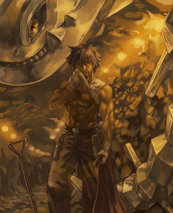 byron (pokemon), steelix, nintendo, pokemon, 1boy, abs, beard, belt, brown eyes, brown hair, cape, cave, facial hair, gen 2 pokemon, gloves, gym leader, haganeil, male focus, manly, messy hair, mining, muscular, pokemon (creature), shovel, standing, sweat, underground, worktool