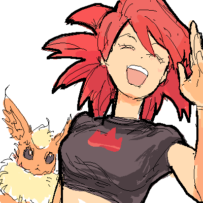 flannery (pokemon), flareon, rokon, nintendo, pokemon, pokemon rse, lowres, 00s, 1girl, :d, babydoll t-shirt, closed eyes, crop top, fire, gen 1 pokemon, gym leader, happy, holla, holler, open mouth, pokemon (creature), red hair, simple background, smile, white background