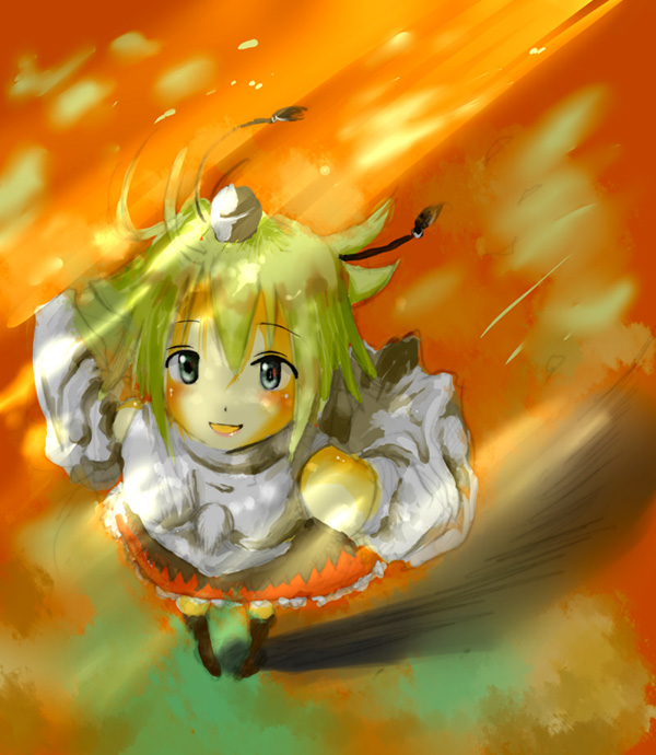 yae (mono110), inubashiri momiji, touhou, bad id, bad pixiv id, 1girl, :d, animal ears, black thighhighs, blonde hair, detached sleeves, female focus, foreshortening, from above, green hair, long sleeves, looking at viewer, looking up, open mouth, pleated skirt, red skirt, short hair, skirt, smile, solo, standing, thighhighs, wolf ears, zettai ryouiki