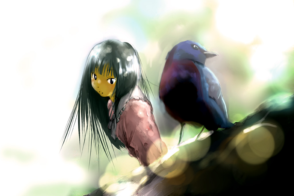 yae (mono110), houraisan kaguya, touhou, bad id, bad pixiv id, 1girl, bird, female focus, gradient background, outdoors, solo