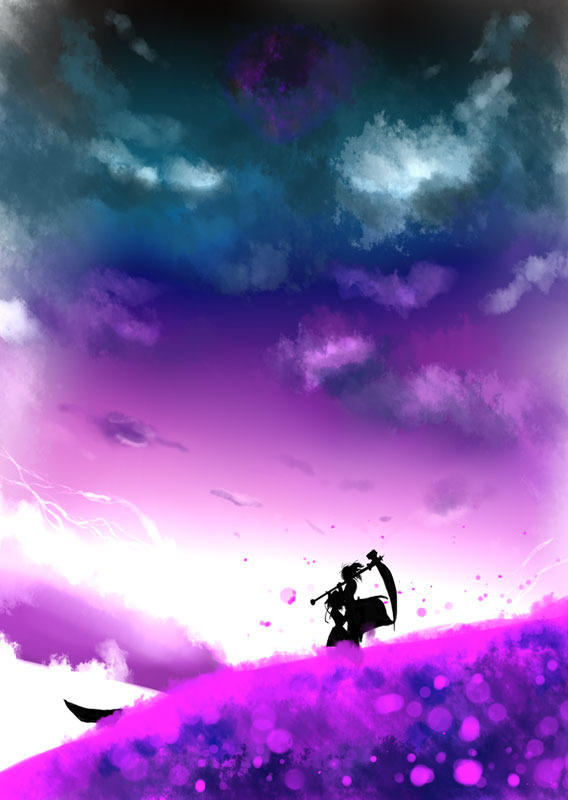 yae (mono110), onozuka komachi, shiki eiki, touhou, 2girls, boat, cloud, dress, female focus, field, floating hair, height difference, holding, holding weapon, multiple girls, outdoors, over shoulder, pink sky, pink theme, scythe, short hair, silhouette, sky, standing, twintails, watercraft, weapon, weapon over shoulder, wind