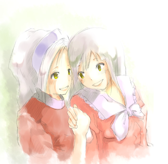 yae (mono110), houraisan kaguya, yagokoro eirin, touhou, bad id, bad pixiv id, 2girls, female focus, holding hands, multiple girls