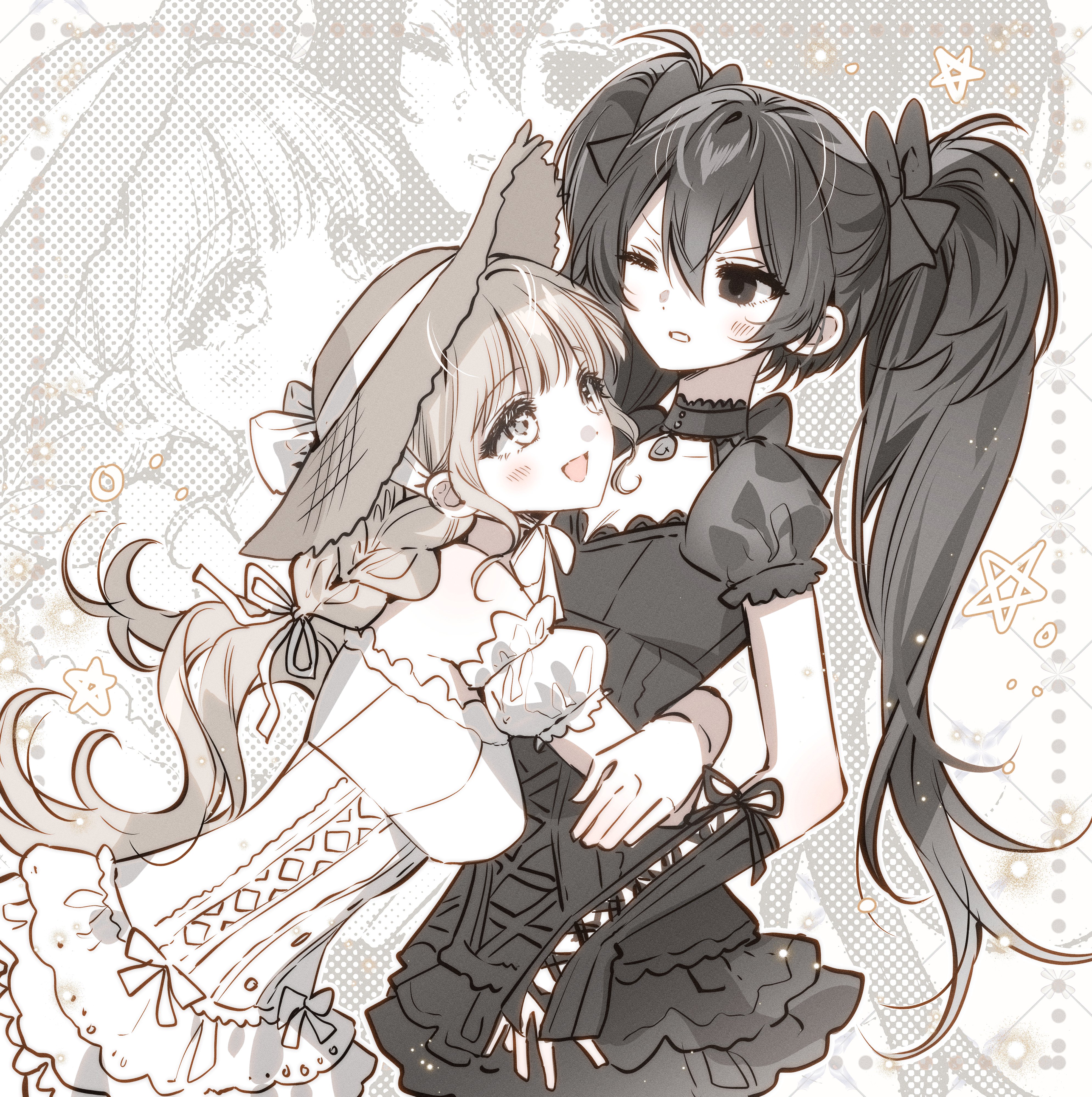 original, absurdres, highres, 2girls, black dress, black eyes, black hair, blush, bow, braid, choker, detached sleeves, dress, hair bow, hair ribbon, hat, hug, long hair, looking at another, multiple girls, one eye closed, open mouth, puffy short sleeves, puffy sleeves, ribbon, short sleeves, smile, straw hat, sun hat, twintails, white dress, yuri, zanhwa444, zoom layer