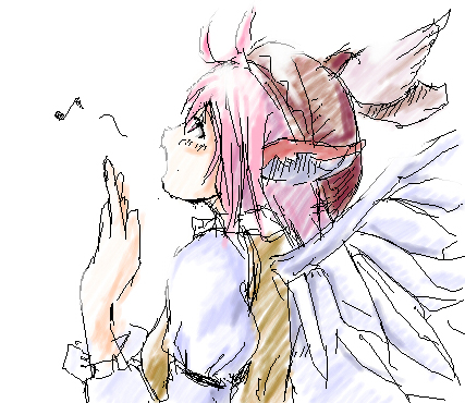 yae (mono110), mystia lorelei, touhou, bad id, bad pixiv id, lowres, 1girl, bad anatomy, bad hands, female focus, hat, music, musical note, poorly drawn, quaver, simple background, singing, solo, white background, wings