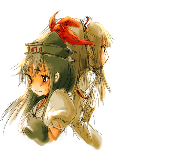 yae (mono110), fujiwara no mokou, kamishirasawa keine, touhou, bad id, bad pixiv id, 2girls, back-to-back, blush, female focus, hat, long hair, multiple girls, puffy short sleeves, puffy sleeves, short sleeves, simple background, sketch, upper body, white background