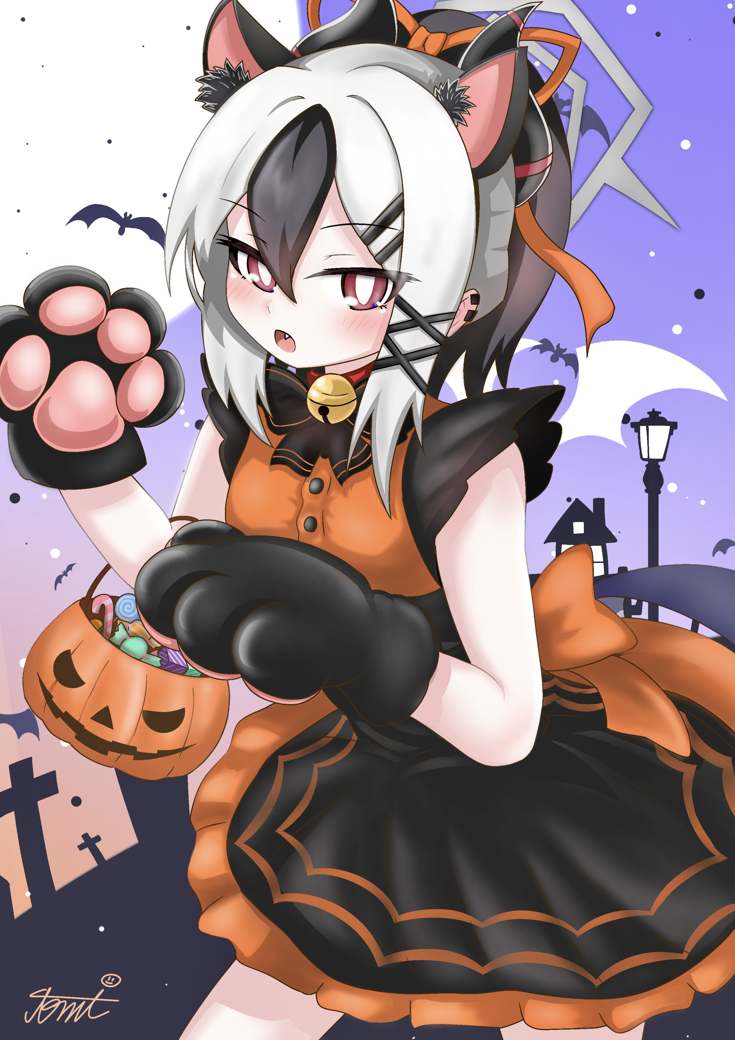 tomimon, kayoko (blue archive), blue archive, absurdres, commentary request, highres, 1girl, animal ear fluff, animal ears, animal hands, bell, black bow, black gloves, black hair, black skirt, blush, bow, candy, candy cane, collar, ear piercing, fake animal ears, fang, food, full moon, gloves, hair ornament, hair ribbon, hairclip, halloween, halloween bucket, halo, horns, jingle bell, lamppost, lollipop, looking at viewer, moon, multicolored hair, neck bell, open mouth, orange bow, orange ribbon, orange shirt, paw gloves, piercing, ponytail, purple sky, red collar, red eyes, ribbon, shirt, signature, skirt, sky, solo, swirl lollipop, two-tone hair, white hair, x hair ornament