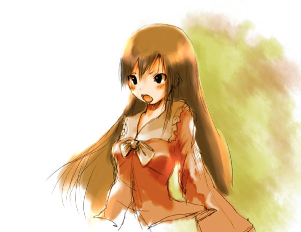 yae (mono110), houraisan kaguya, touhou, bad id, bad pixiv id, 1girl, :o, blush, bow, bowtie, brown eyes, brown hair, collar, female focus, frills, long hair, long sleeves, open mouth, simple background, solo, upper body, very long hair, white background, white bow, white bowtie