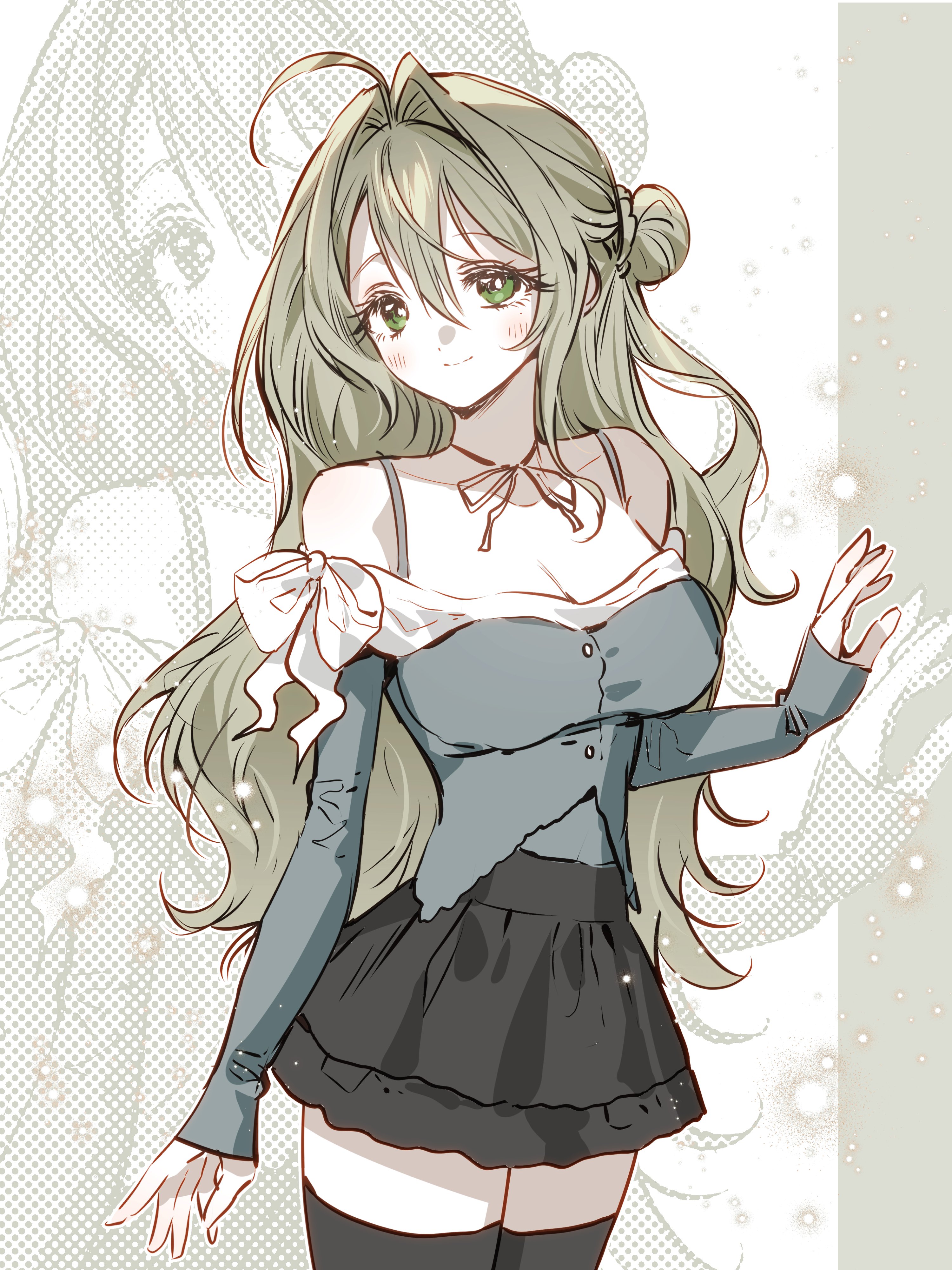original, absurdres, highres, 1girl, bare shoulders, black skirt, blush, breasts, cleavage, closed mouth, green eyes, green hair, hair between eyes, hair bun, long hair, long sleeves, looking at viewer, off-shoulder shirt, off shoulder, ribbon, shirt, single side bun, skirt, sleeves past wrists, smile, solo, very long hair, zanhwa444, zoom layer