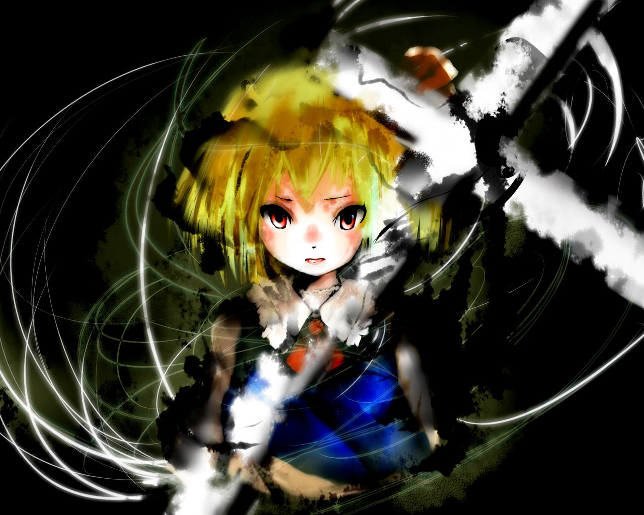 yae (mono110), rumia, embodiment of scarlet devil, touhou, bad id, bad pixiv id, 1girl, black background, blonde hair, female focus, red eyes, solo