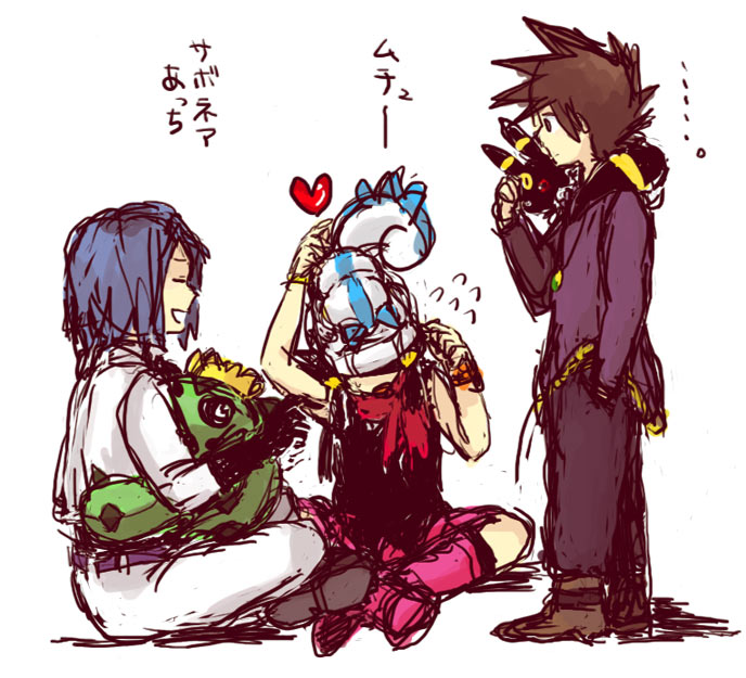 blacky, cacnea, dawn (pokemon), gary oak, james (pokemon), pachirisu, umbreon, nintendo, pokemon, pokemon (anime), translation request, 1girl, 2boys, amulet, bangle, beanie, blue hair, boots, bracelet, brown eyes, brown hair, gen 2 pokemon, gen 3 pokemon, gen 4 pokemon, hand in pocket, hat, heart, jewelry, multiple boys, pink boots, pokemon (creature), poketch, scarf, simple background, sitting, smile, standing, watch, white background, wristwatch
