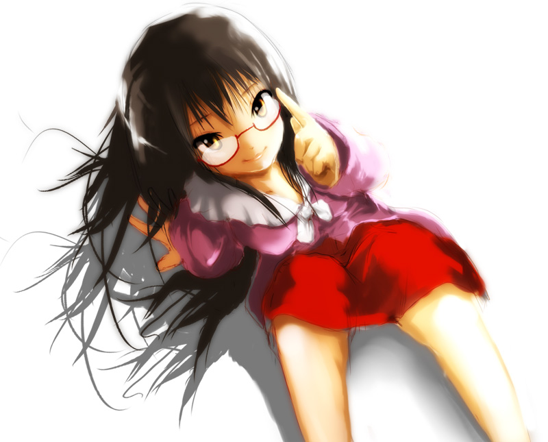 yae (mono110), houraisan kaguya, touhou, bad id, bad pixiv id, 1girl, adjusting eyewear, arm support, bespectacled, black hair, female focus, from above, glasses, long hair, pointing, red-framed eyewear, solo