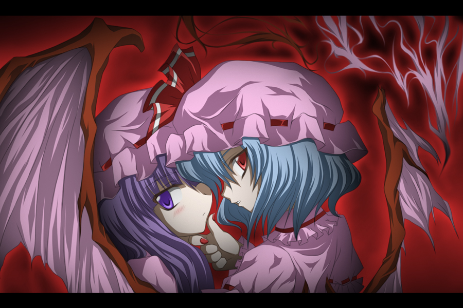 nenaro, patchouli knowledge, remilia scarlet, embodiment of scarlet devil, touhou, 2girls, bat wings, blue hair, female focus, hat, long hair, multiple girls, purple eyes, purple hair, red eyes, ribbon, short hair, wings