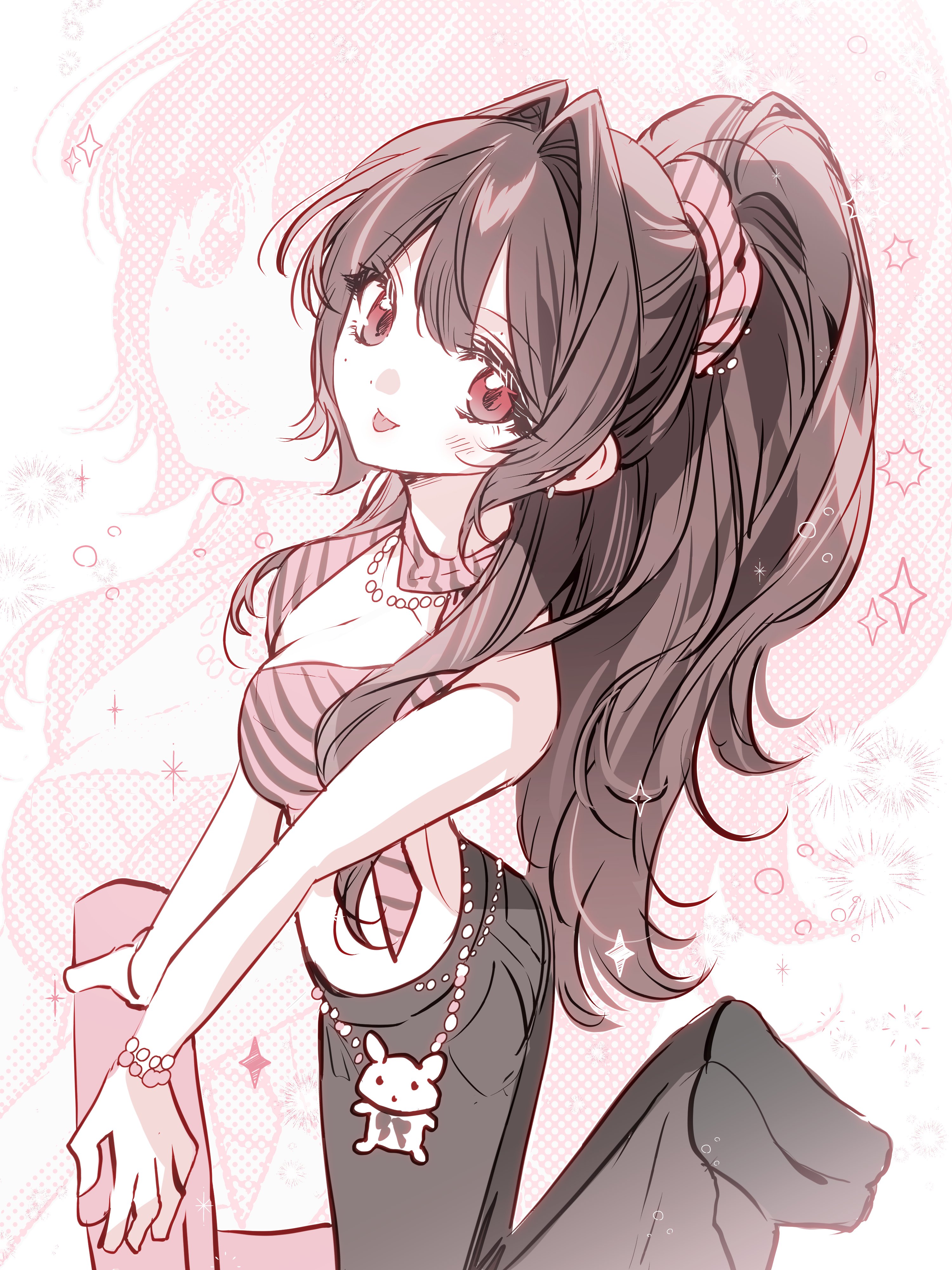 original, absurdres, highres, 1girl, :p, black pants, blush, bracelet, breasts, brown hair, cleavage, hair intakes, hair ornament, hair scrunchie, holding, jewelry, long hair, looking at viewer, medium breasts, necklace, pants, ponytail, red eyes, scrunchie, solo, sparkle, striped clothes, tongue, tongue out, very long hair, zanhwa444, zoom layer