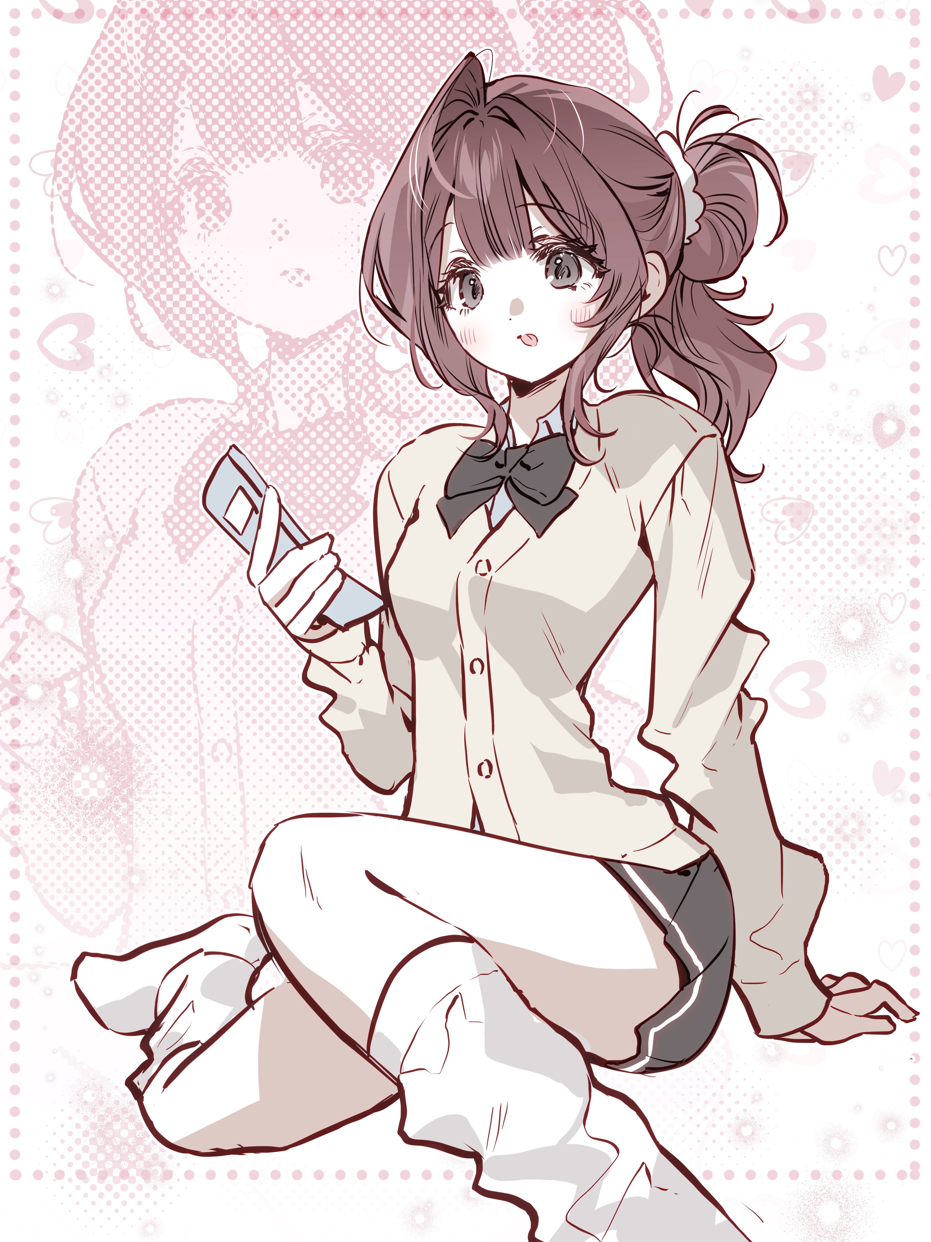 original, absurdres, highres, 1girl, arm support, black bow, black bowtie, black skirt, blush, bow, bowtie, brown hair, cardigan, cellphone, gyaru, hair bun, heart, holding, holding phone, loose socks, phone, pleated skirt, school uniform, shirt, single side bun, sitting, skirt, socks, solo, tongue, tongue out, white socks, zanhwa444, zoom layer