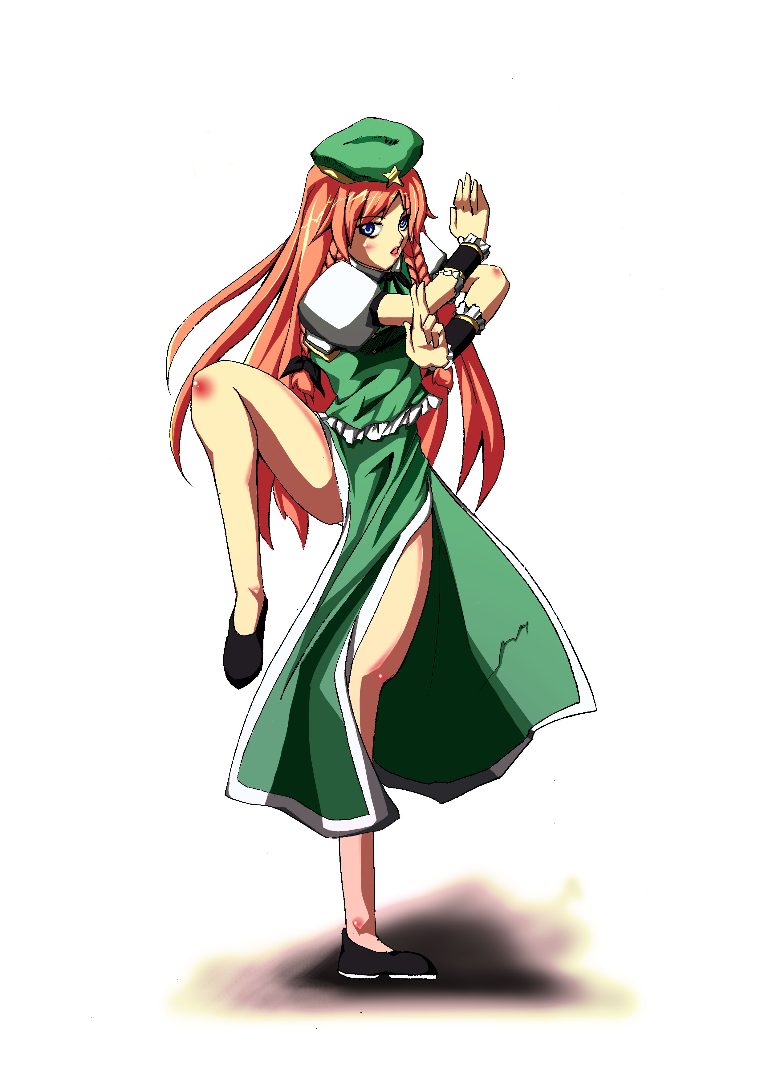 chiko2, hong meiling, immaterial and missing power, touhou, absurdres, bad id, bad pixiv id, highres, 1girl, braid, china dress, chinese clothes, dress, female focus, full body, gradient background, hat, long hair, red hair, solo, white background