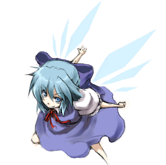 suwi, cirno, embodiment of scarlet devil, touhou, 1girl, blue hair, bow, female focus, ribbon, short hair, smile, solo, wings