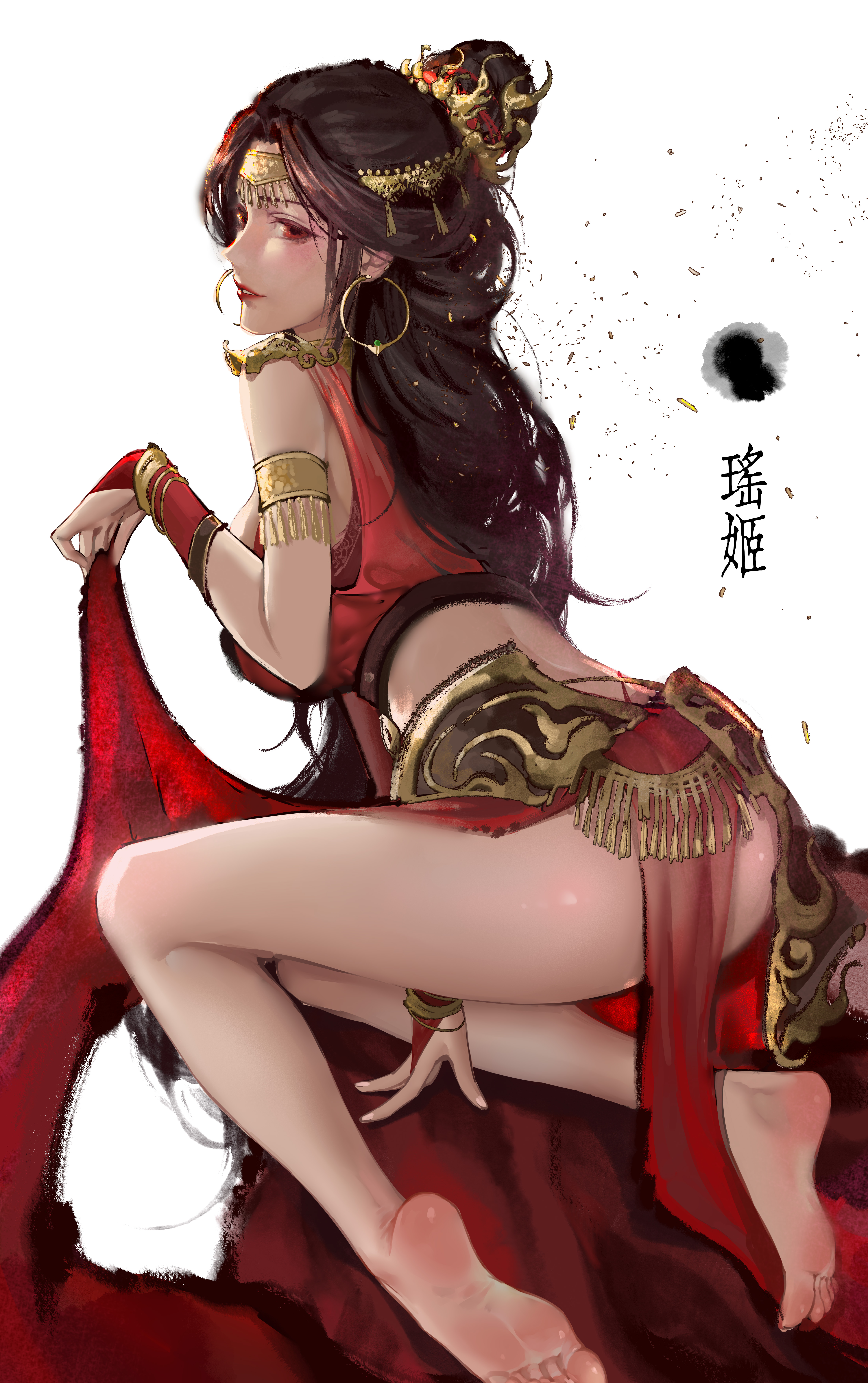 mumuy, highres, 1girl, armlet, ass, bare legs, barefoot, brown hair, earrings, feet, jewelry, legs, long hair, red eyes, skirt, soles, solo, toes, white background