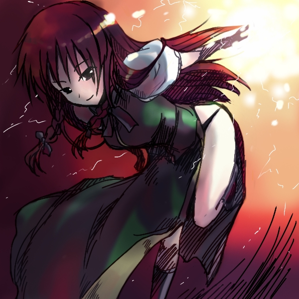 onimaru gonpei, hong meiling, immaterial and missing power, touhou, 1girl, china dress, chinese clothes, dress, female focus, gradient background, long hair, red hair, ribbon, solo