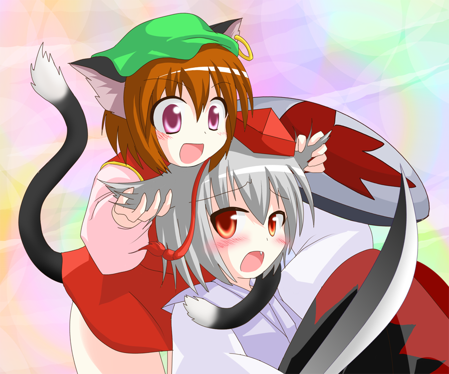 des (namaasi), chen, inubashiri momiji, touhou, silver hair, 2girls, animal ears, blush, brown hair, cat ears, cat girl, cat tail, china dress, chinese clothes, dao (weapon), dress, earrings, fang, female focus, gradient background, hat, jewelry, multiple girls, purple eyes, red eyes, shield, short hair, sword, tail, weapon, wolf ears