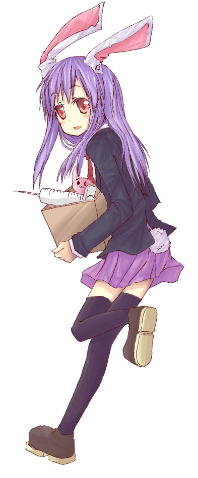 natsuk, reisen udongein inaba, touhou, bad id, bad pixiv id, 1girl, animal ears, female focus, full body, long hair, purple hair, rabbit ears, rabbit girl, rabbit tail, red eyes, simple background, skirt, solo, syringe, tail, thighhighs, white background