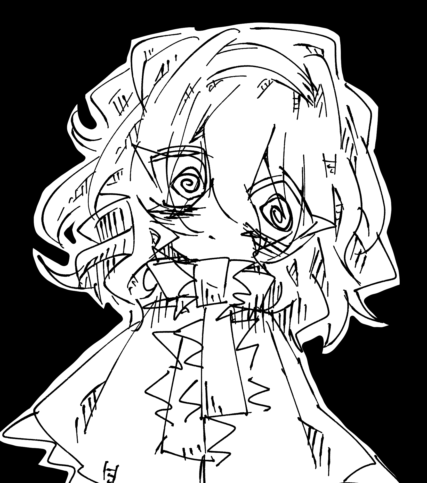 sekai yusuke, alice margatroid, touhou, 1girl, @ @, bags under eyes, black background, capelet, closed mouth, greyscale, hairband, hatching (texture), monochrome, outline, ribbon, short hair, simple background, solo, thick outlines, upper body, white outline
