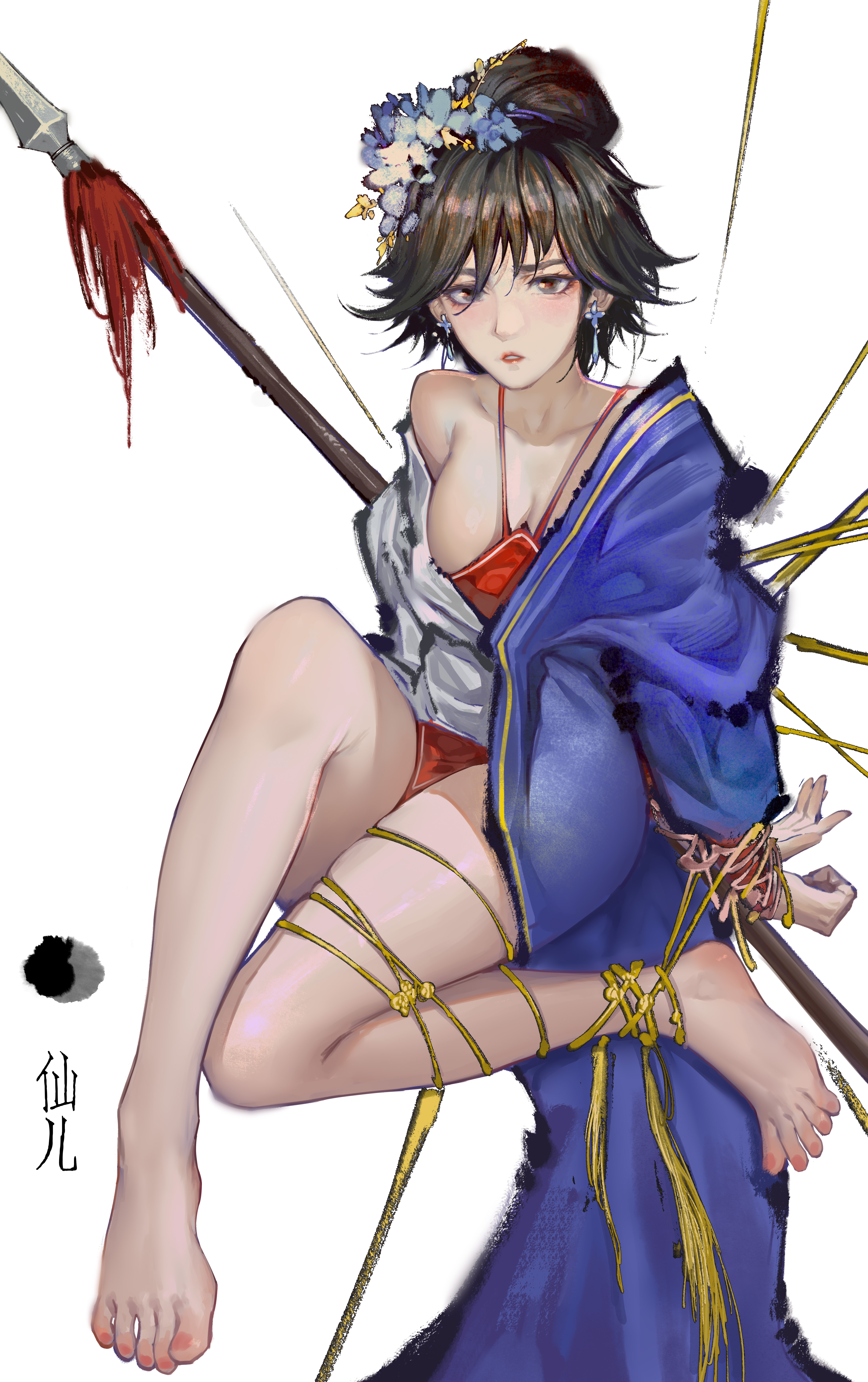 mumuy, highres, 1girl, bare legs, barefoot, bdsm, blue kimono, bondage, bound, bound wrists, breasts, brown eyes, brown hair, earrings, feet, flower, full body, hair bun, hair flower, hair ornament, japanese clothes, jewelry, kimono, looking at viewer, medium breasts, nail polish, parted lips, polearm, restrained, short hair, simple background, solo, toenail polish, toenails, toes, torn clothes, weapon, white background