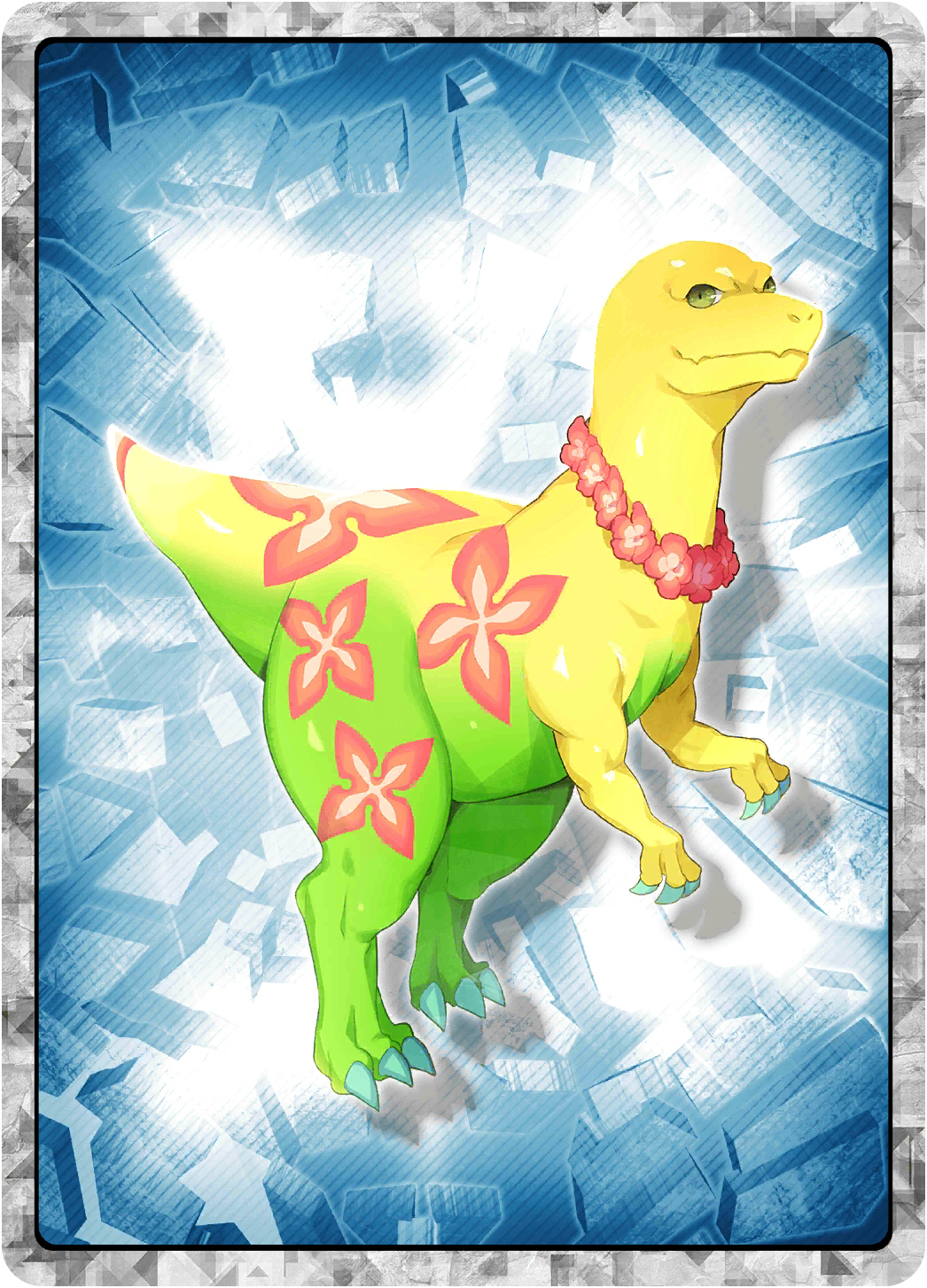 dino (monster farm), line: monster farm, monster farm, official art, aloha (monster farm), dinosaur, flower, flower necklace, jewelry, necklace