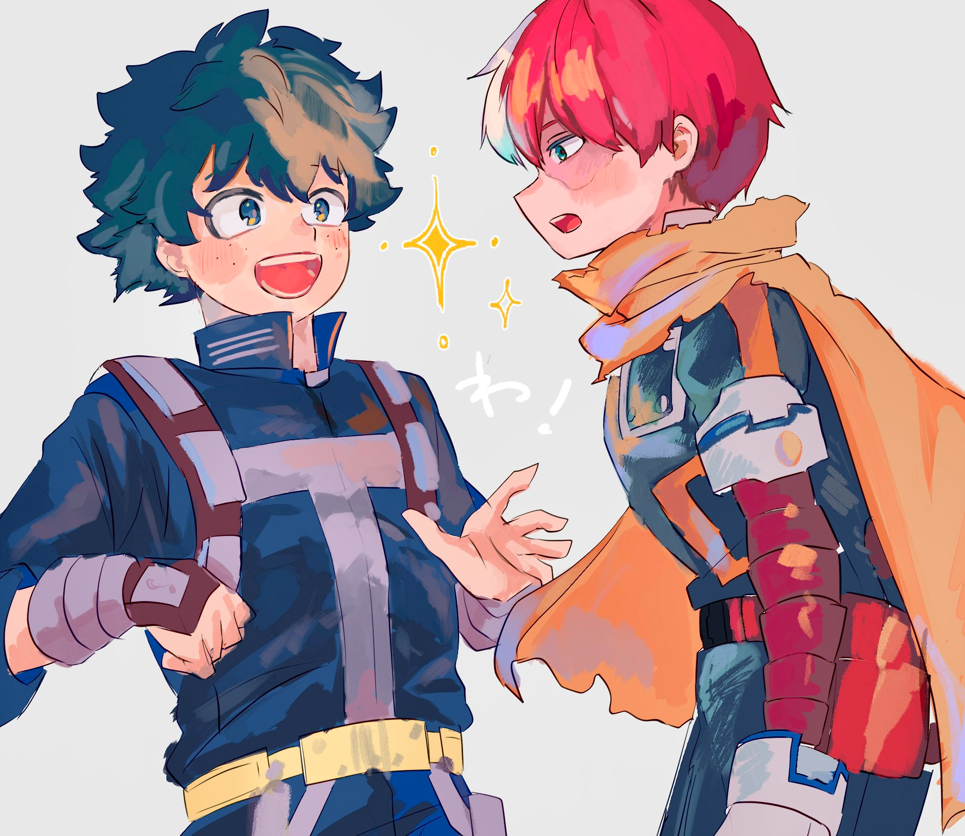 midoriya izuku, todoroki shoto, boku no hero academia, cape, freckles, green hair, multicolored hair, red hair, roda it, scar, smile, superhero costume, swap, tododeku, two-tone hair, white hair