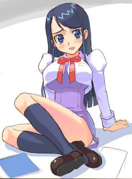 hirose (mokiki), minazuki karen, precure, yes! precure 5, 00s, 1girl, blue eyes, blue hair, blush, female focus, long hair, matching hair/eyes, notebook, purple skirt, school uniform, serafuku, sitting, skirt, socks, solo