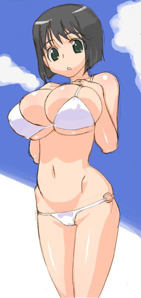 hirose (mokiki), original, bikini, black hair, breasts, green eyes, huge breasts, short hair, solo, swimsuit, white bikini
