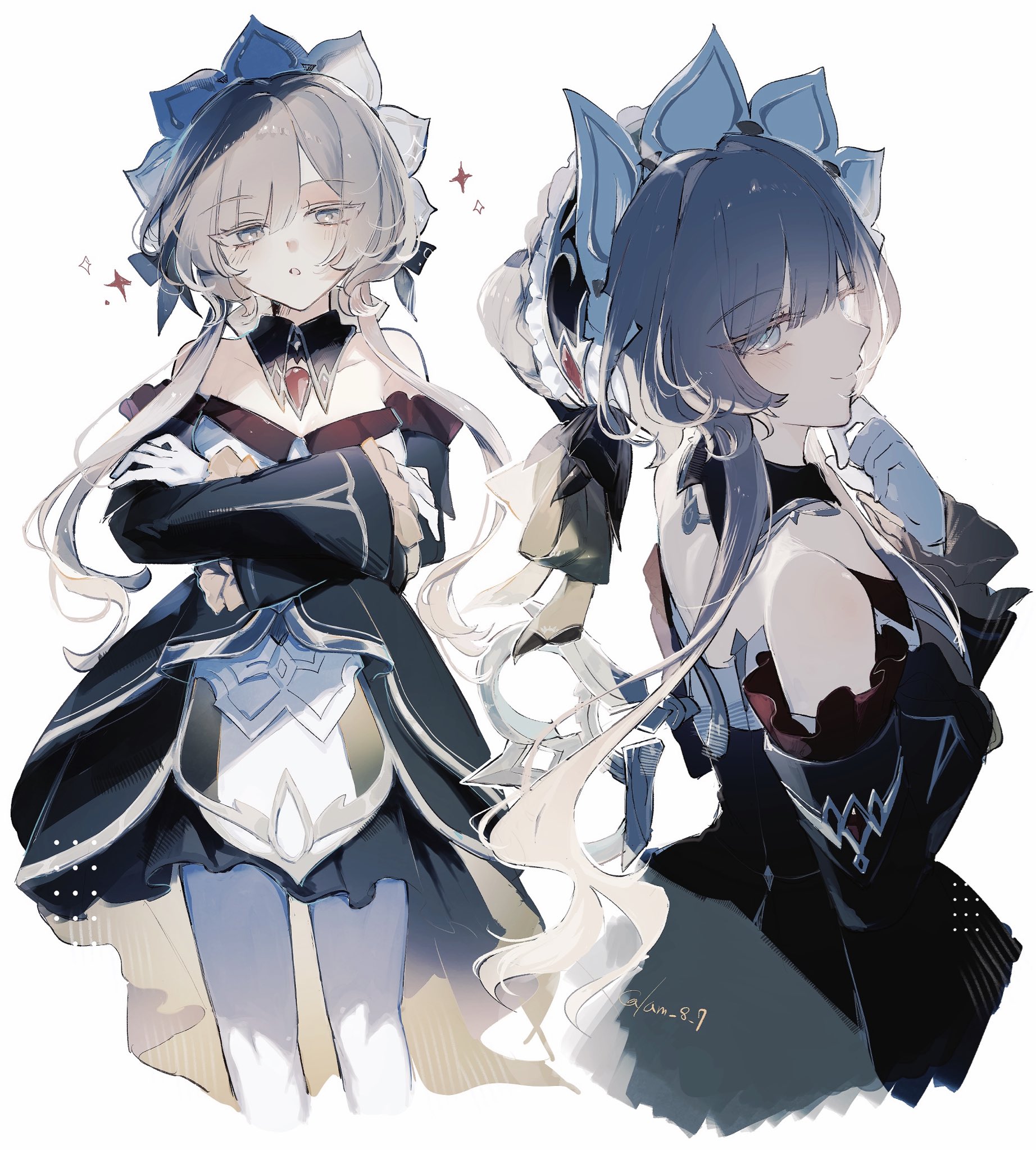kino-cands, sandrone (genshin impact), genshin impact, highres, 1girl, bare shoulders, blue eyes, breasts, brown hair, crossed arms, detached sleeves, dress, maid headdress, medium breasts, multiple views, signature, solo